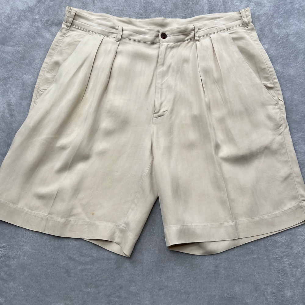 Kahala 100% Silk Pleated Shorts Size 36 Cream Mens Herringbone Luxury Resort